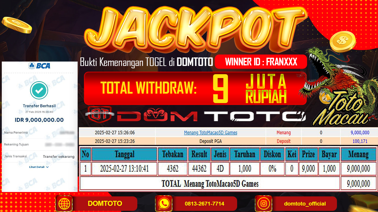 JACKPOT TOGEL TOTOMACAU 5D  27 FEBRUARI 2025